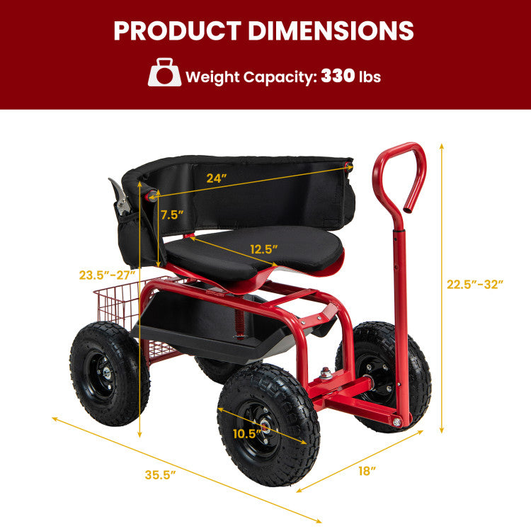 Adjustable Height Rolling Garden Cart Scooter with Storage Basket and Tool Pouch