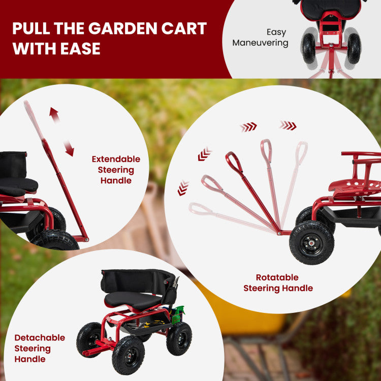 Adjustable Height Rolling Garden Cart Scooter with Storage Basket and Tool Pouch