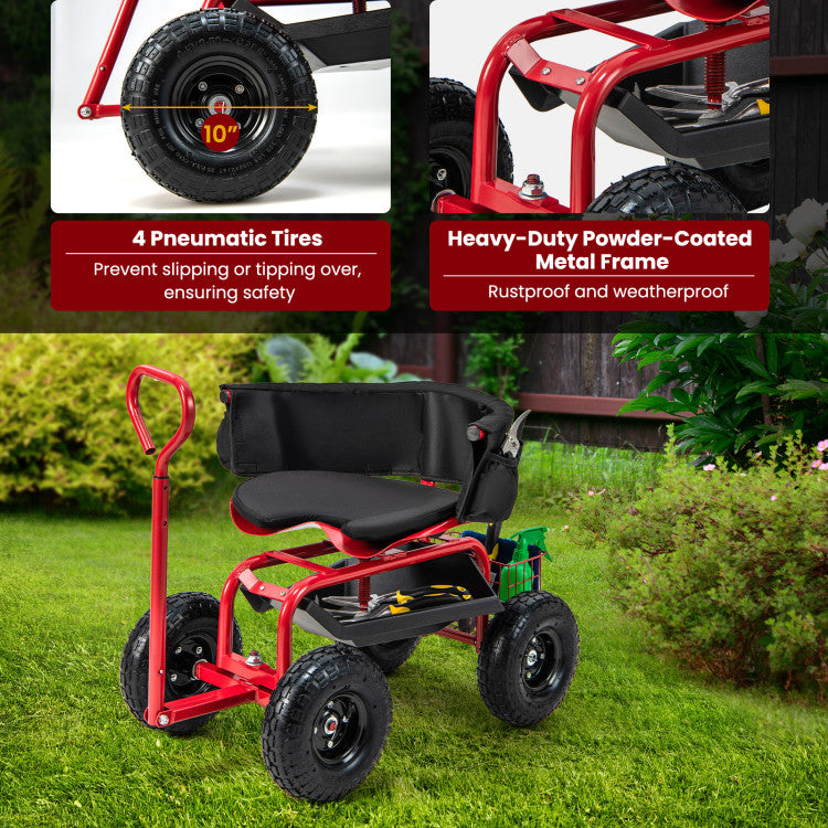 Adjustable Height Rolling Garden Cart Scooter with Storage Basket and Tool Pouch