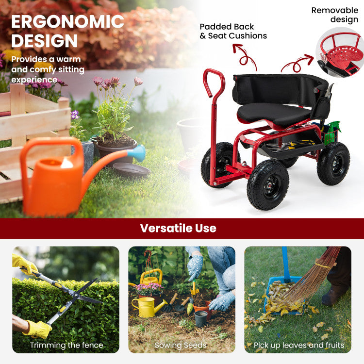 Adjustable Height Rolling Garden Cart Scooter with Storage Basket and Tool Pouch