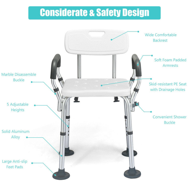 Adjustable Heights Shower Chair Spa Bathtub with Removable Armrests and Back