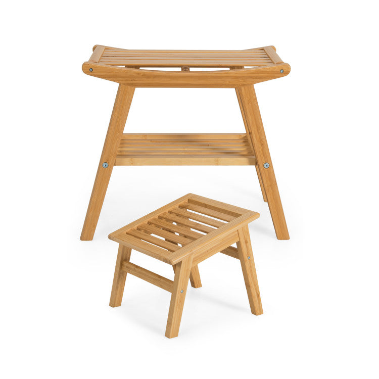 Bamboo Anti-slip Shower Seat Bench with Underneath Storage Shelf