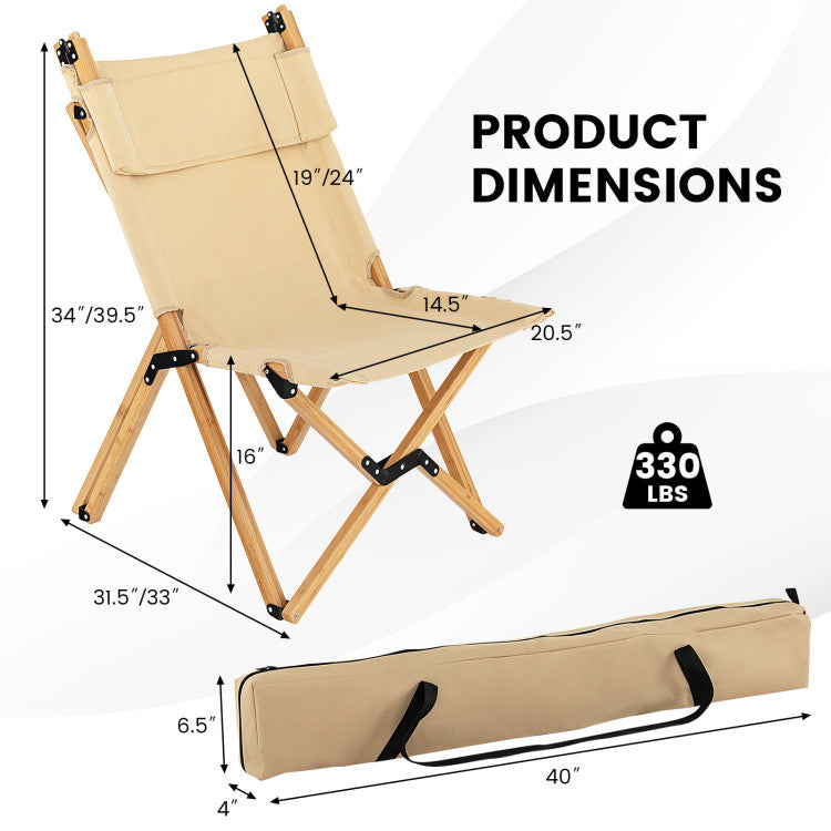 Bamboo Folding Chair with 2-Level Adjustable Backrest for Camping and Fishing