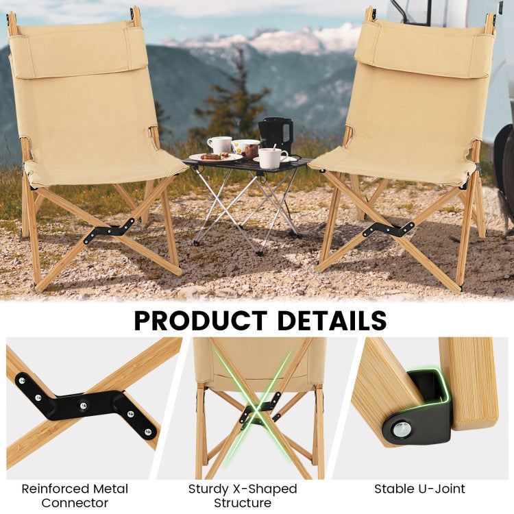 Bamboo Folding Chair with 2-Level Adjustable Backrest for Camping and Fishing