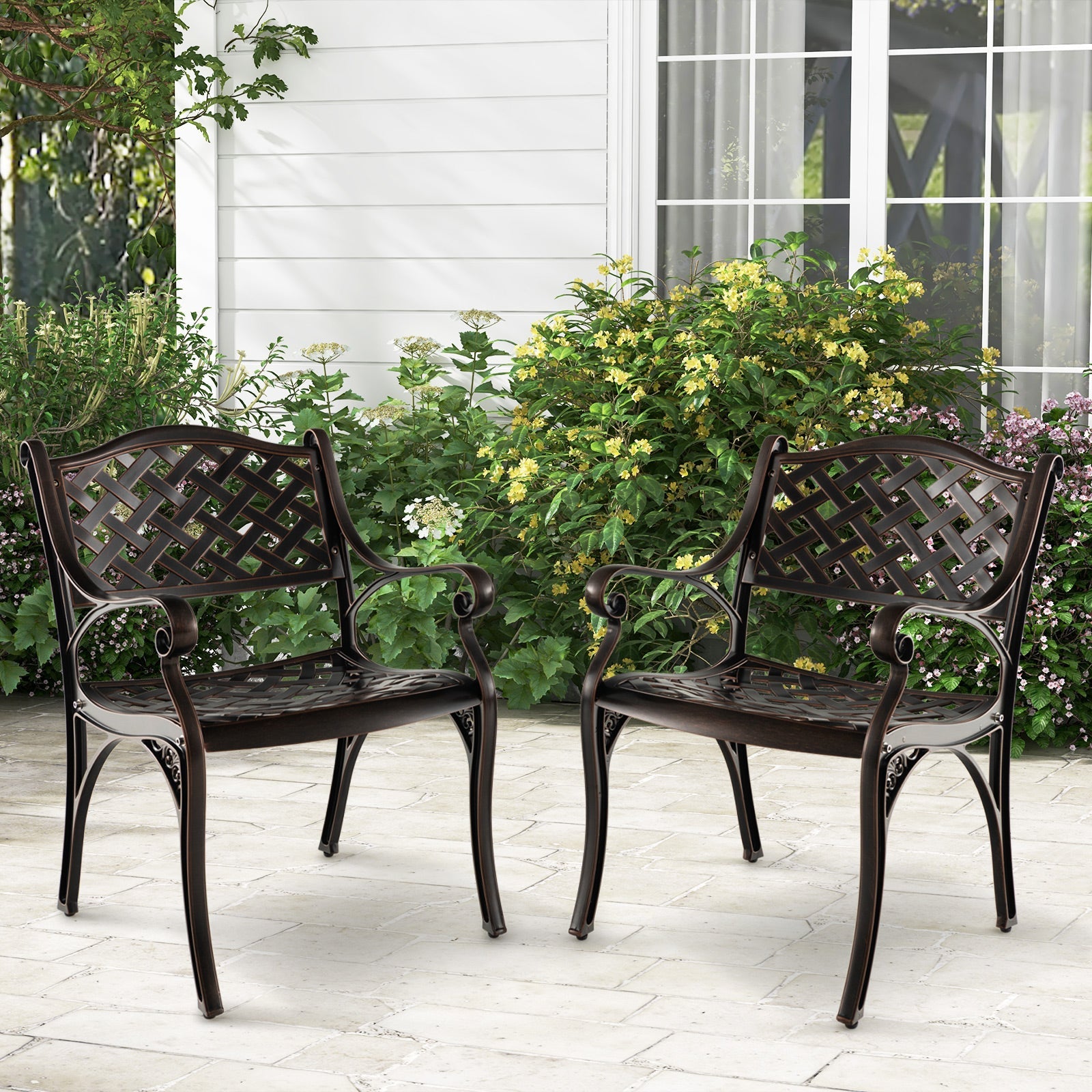 Cast Aluminum  Patio Dining Chairs Set of 2 with Armrests Flower Pattern