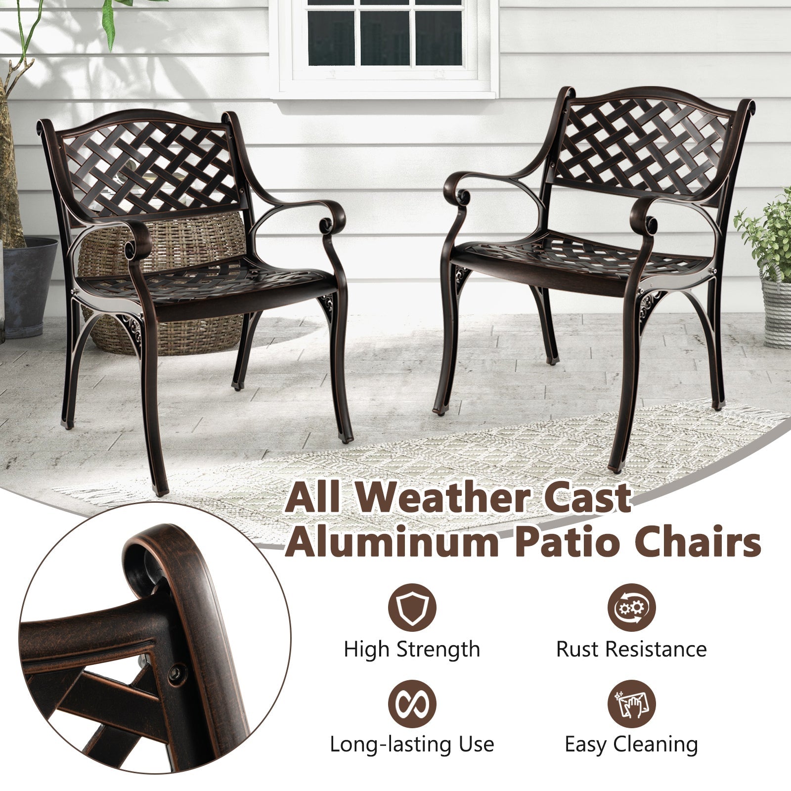 Cast Aluminum  Patio Dining Chairs Set of 2 with Armrests Flower Pattern