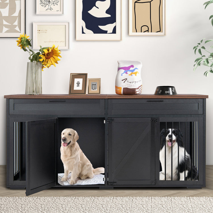 Double Dog Crate Furniture Large Breed Wood Dog Kennel with Removable Divider