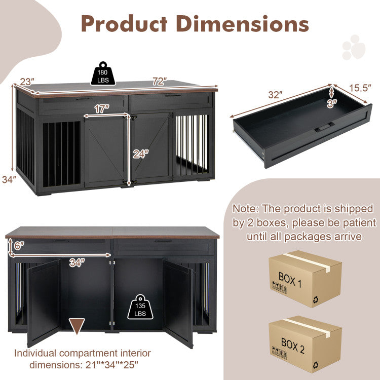 Double Dog Crate Furniture Large Breed Wood Dog Kennel with Removable Divider