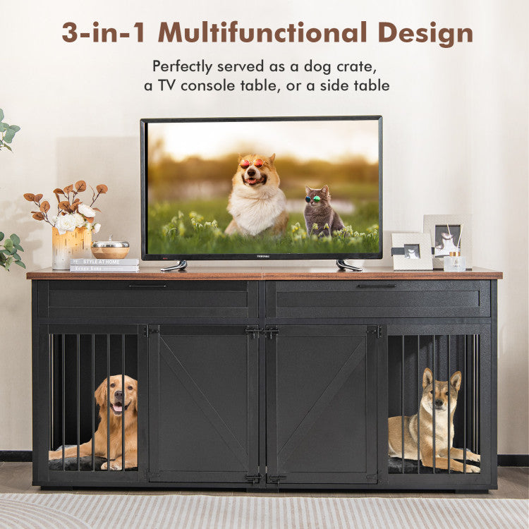 Double Dog Crate Furniture Large Breed Wood Dog Kennel with Removable Divider