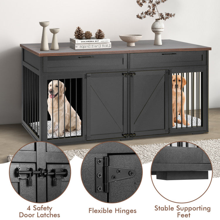 Double Dog Crate Furniture Large Breed Wood Dog Kennel with Removable Divider