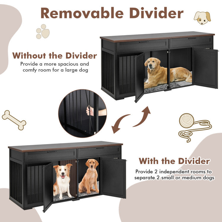 Double Dog Crate Furniture Large Breed Wood Dog Kennel with Removable Divider