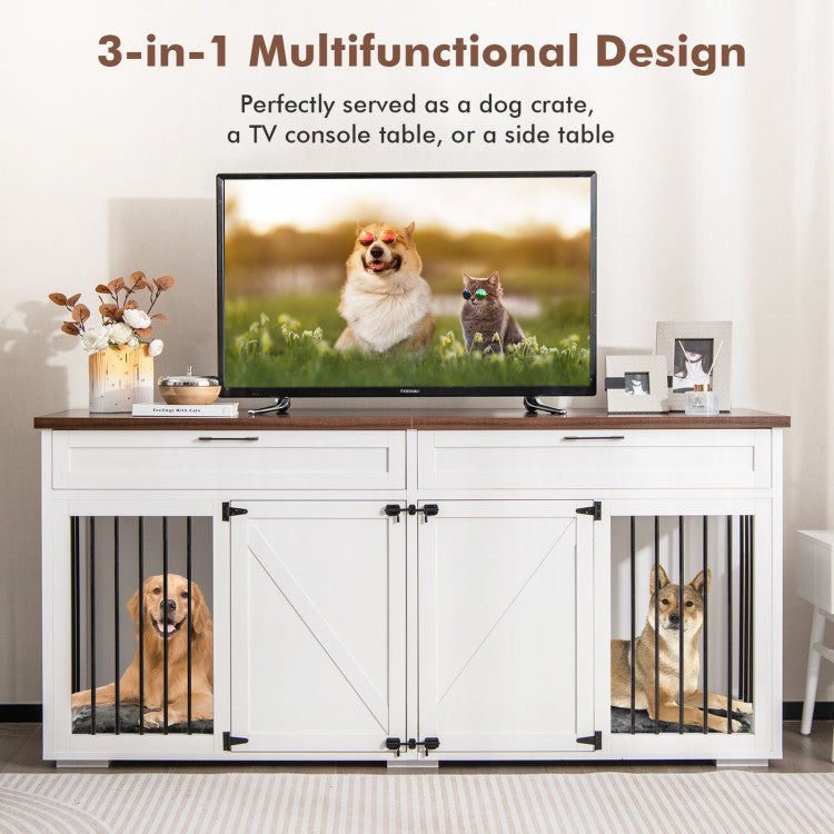 Double Dog Crate Furniture Large Breed Wood Dog Kennel with Removable Divider