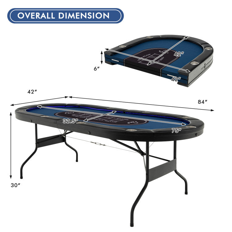 Foldable 10-Player Poker Table with LED Lights and USB Ports for Texas Game