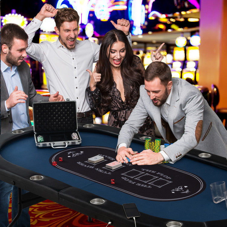 Foldable 10-Player Poker Table with LED Lights and USB Ports for Texas Game