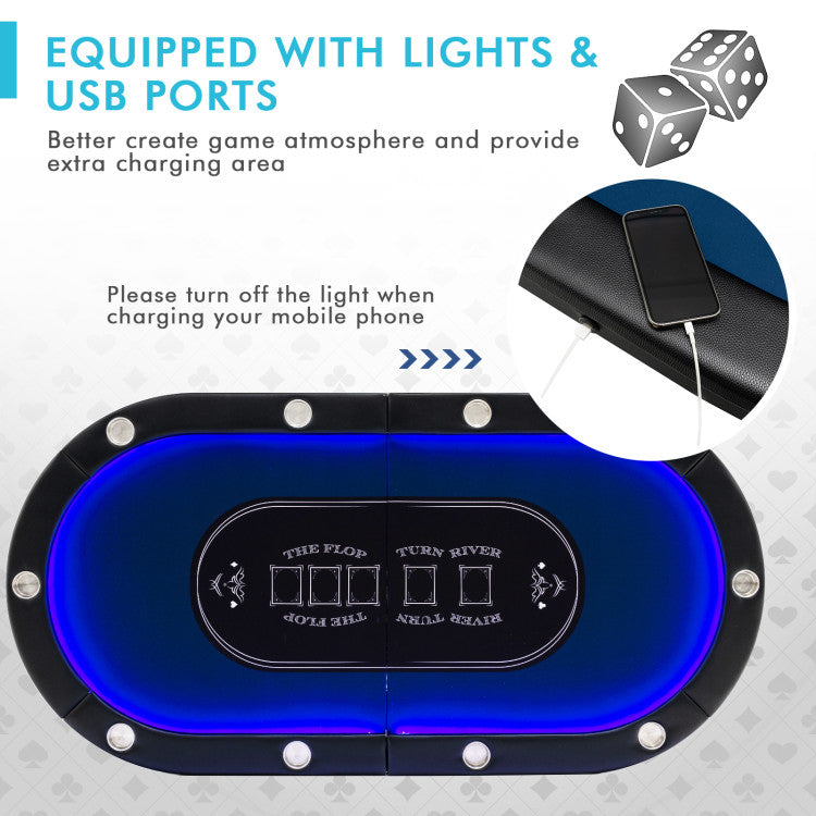 Foldable 10-Player Poker Table with LED Lights and USB Ports for Texas Game