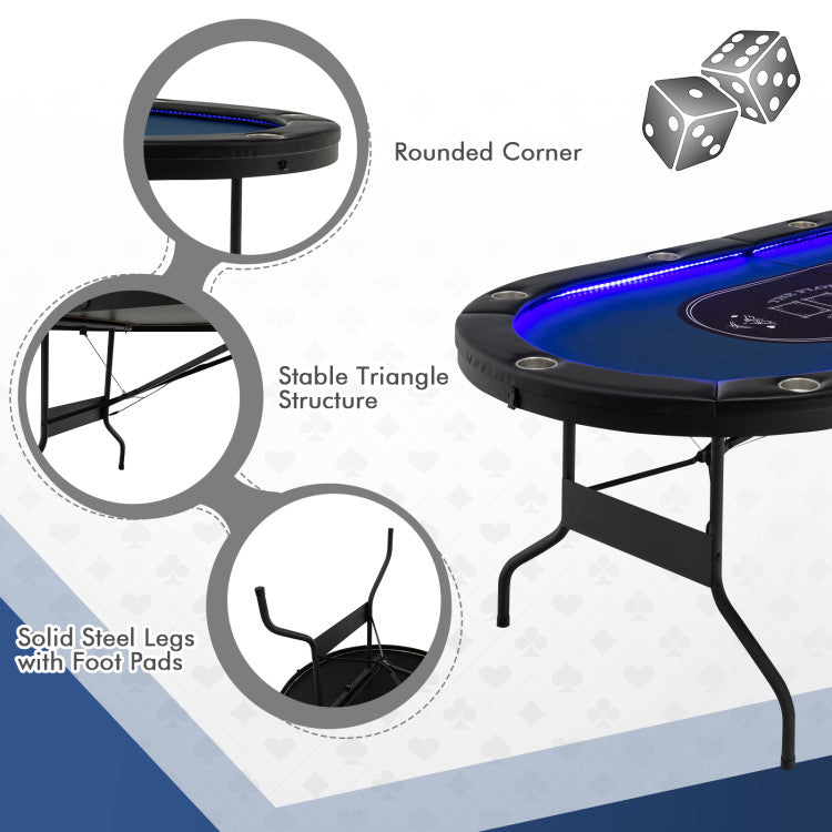 Foldable 10-Player Poker Table with LED Lights and USB Ports for Texas Game