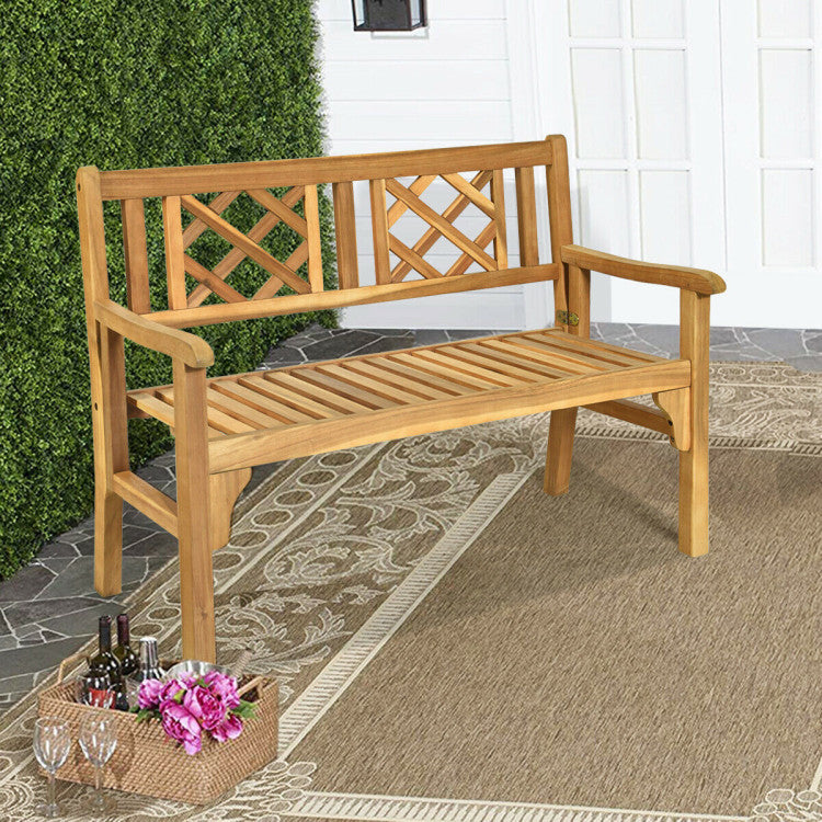 Foldable Patio Bench with Curved Backrest and Armrest for Garden and Poolside