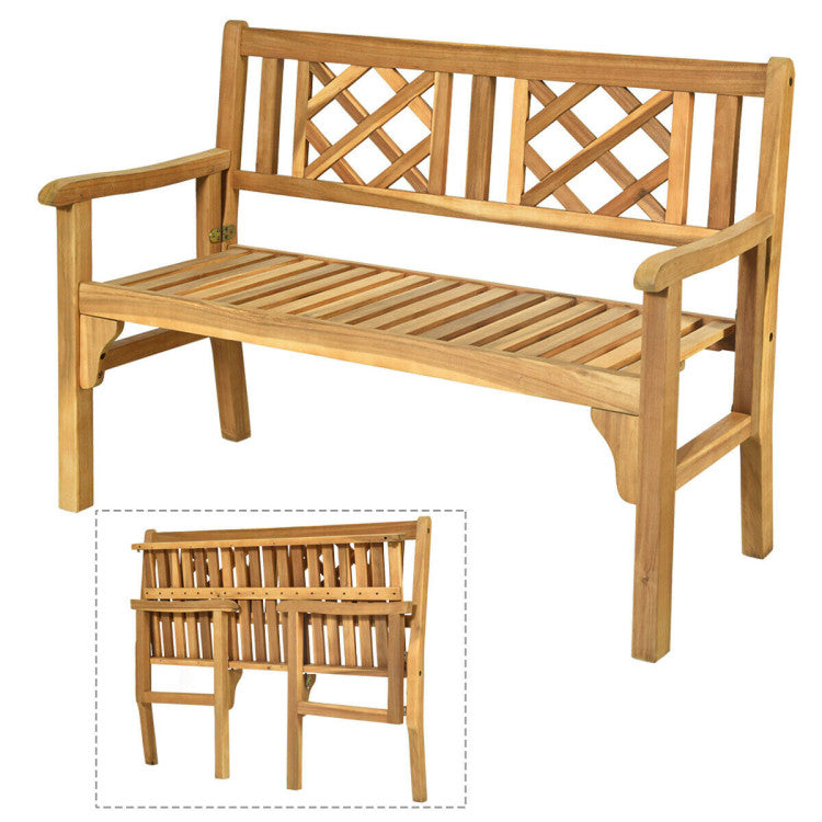 Foldable Patio Bench with Curved Backrest and Armrest for Garden and Poolside