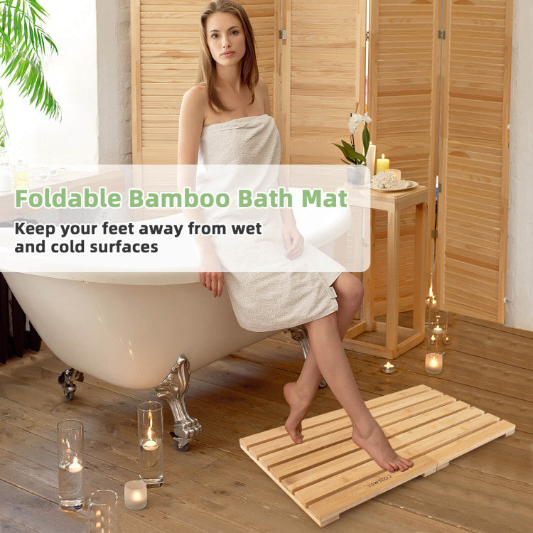 Folding Bamboo Bath Mat with Non-slip Pads for Porches and Poolside