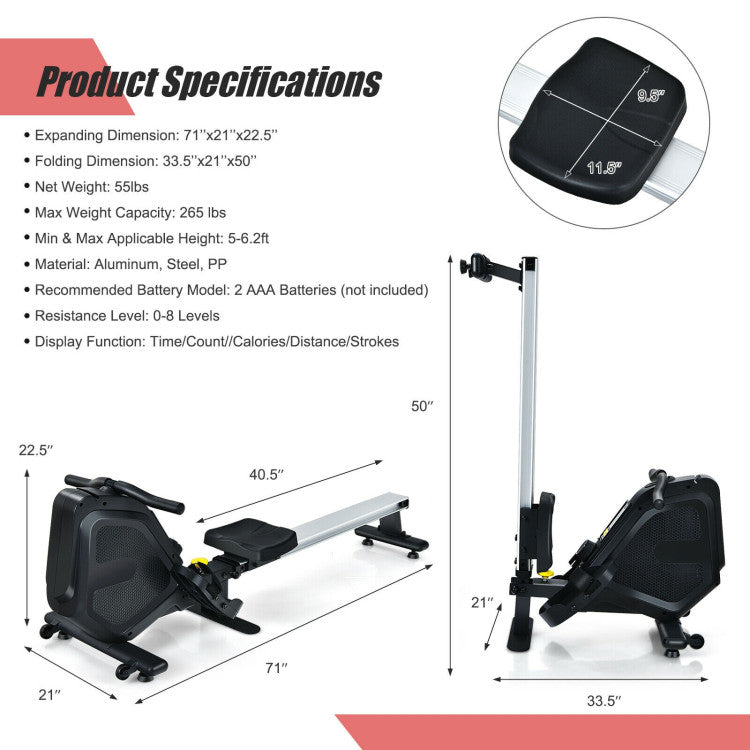 Folding Magnetic Rowing Machine Workout with Monitor and 8-Level Adjustable Resistance