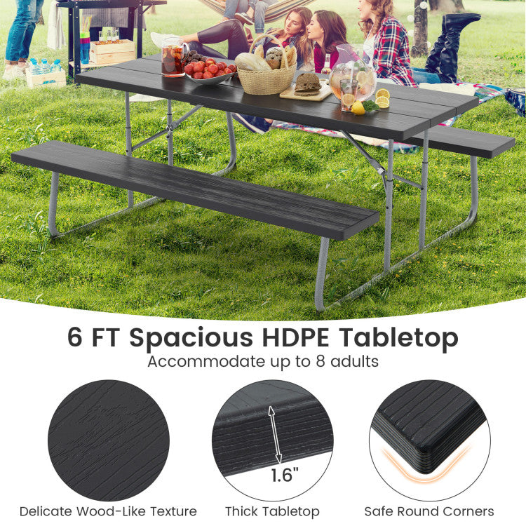 Folding Outdoor Picnic Table Set with All-Weather HDPE Tabletop and Umbrella Hole