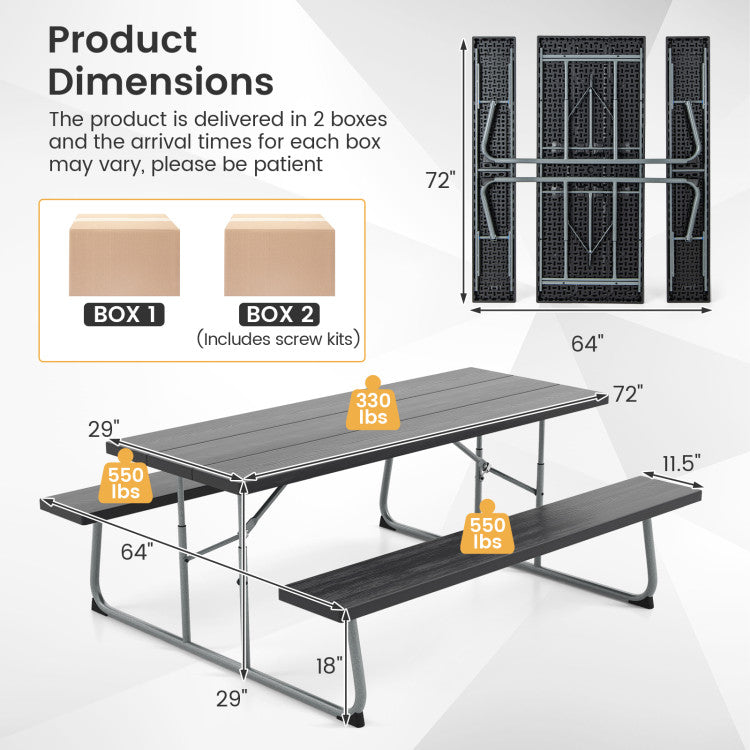 Folding Outdoor Picnic Table Set with All-Weather HDPE Tabletop and Umbrella Hole