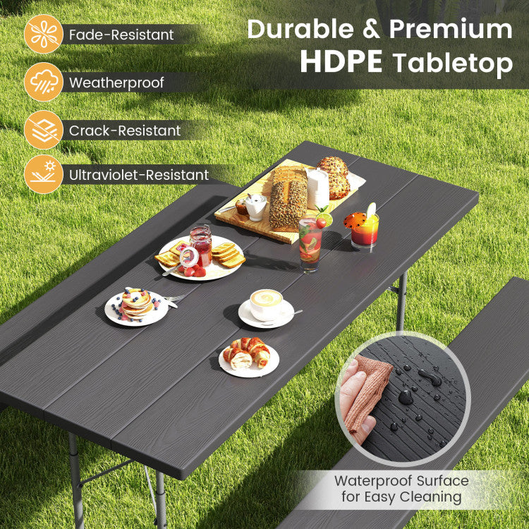 Folding Outdoor Picnic Table Set with All-Weather HDPE Tabletop and Umbrella Hole