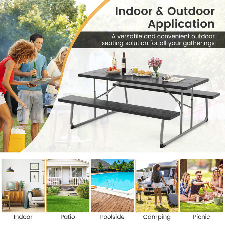 Folding Outdoor Picnic Table Set with All-Weather HDPE Tabletop and Umbrella Hole