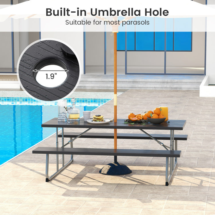 Folding Outdoor Picnic Table Set with All-Weather HDPE Tabletop and Umbrella Hole