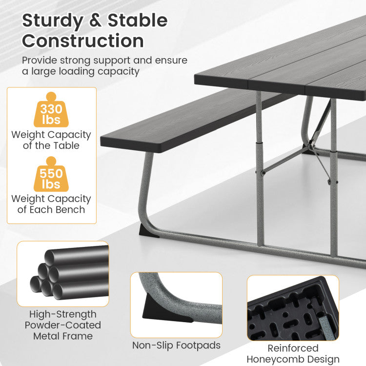 Folding Outdoor Picnic Table Set with All-Weather HDPE Tabletop and Umbrella Hole