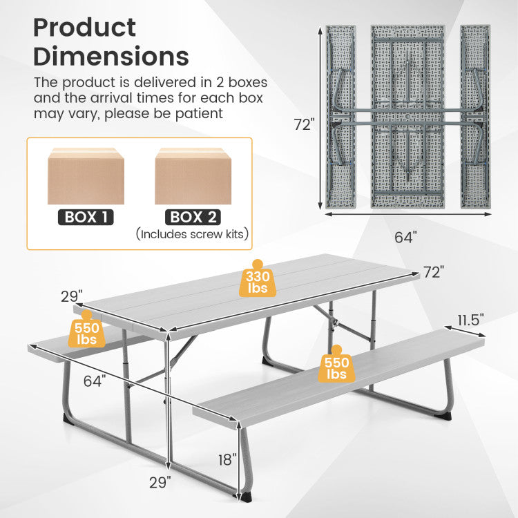 Folding Outdoor Picnic Table Set with All-Weather HDPE Tabletop and Umbrella Hole