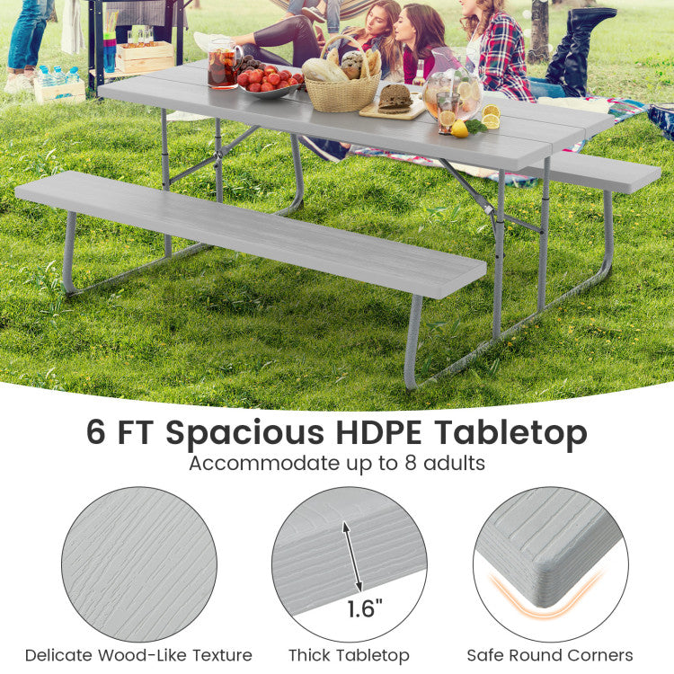 Folding Outdoor Picnic Table Set with All-Weather HDPE Tabletop and Umbrella Hole