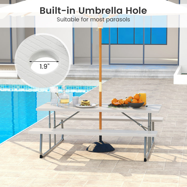 Folding Outdoor Picnic Table Set with All-Weather HDPE Tabletop and Umbrella Hole