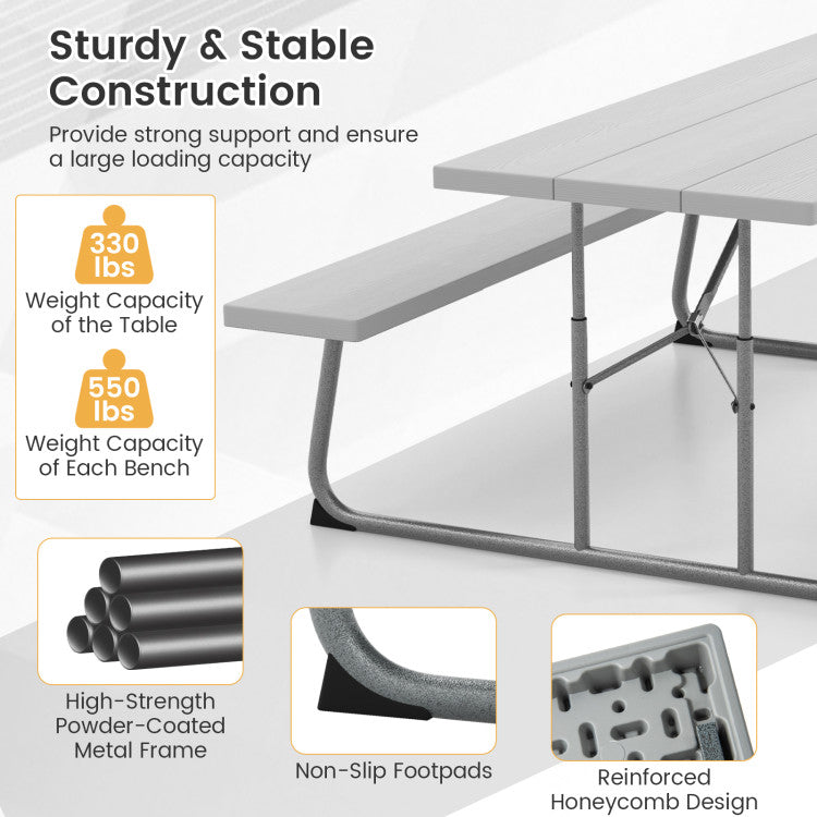 Folding Outdoor Picnic Table Set with All-Weather HDPE Tabletop and Umbrella Hole