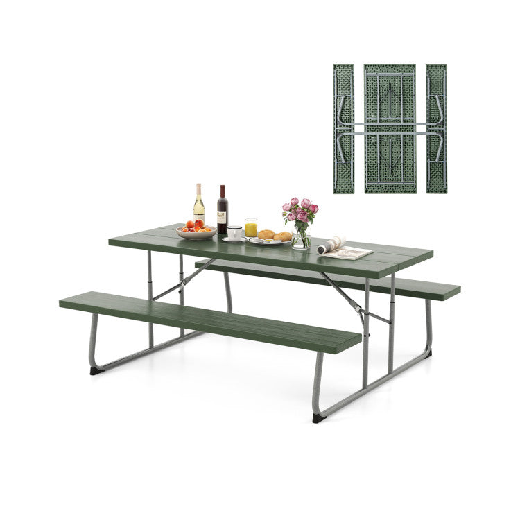 Folding Outdoor Picnic Table Set with All-Weather HDPE Tabletop and Umbrella Hole