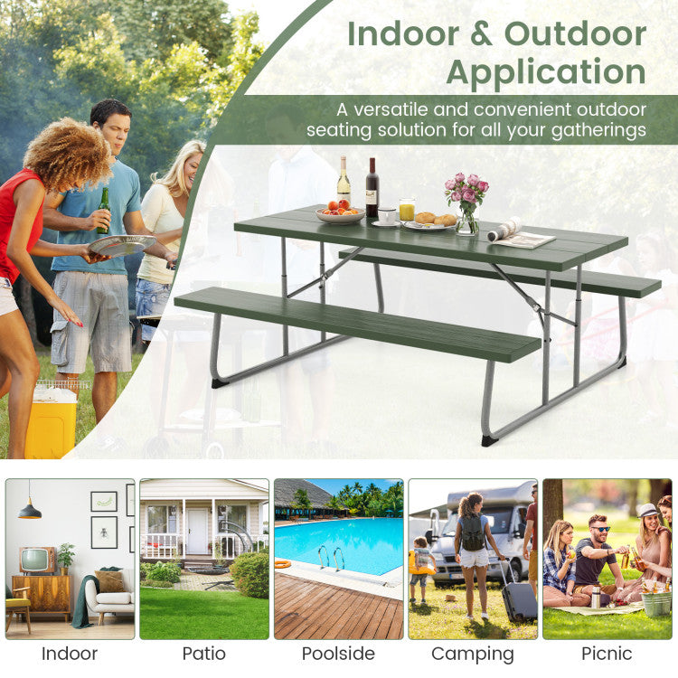 Folding Outdoor Picnic Table Set with All-Weather HDPE Tabletop and Umbrella Hole