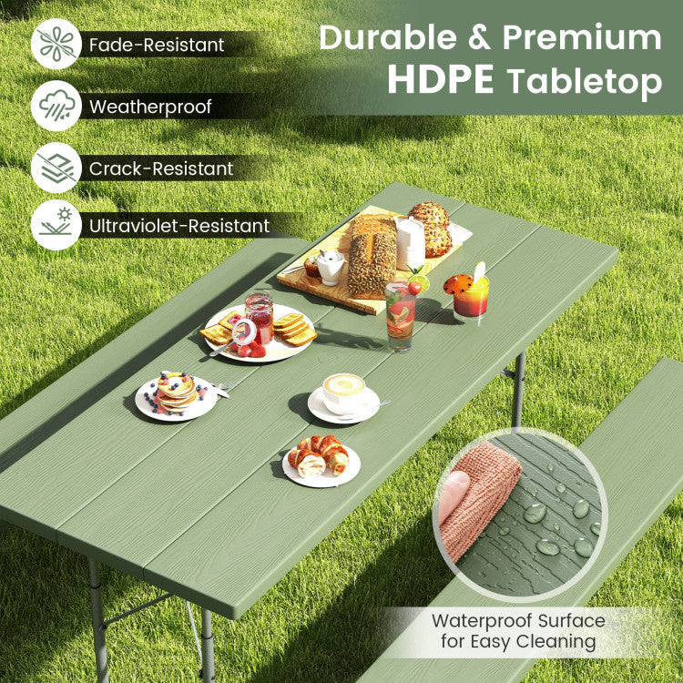 Folding Outdoor Picnic Table Set with All-Weather HDPE Tabletop and Umbrella Hole