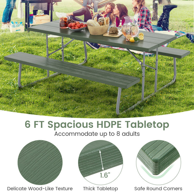 Folding Outdoor Picnic Table Set with All-Weather HDPE Tabletop and Umbrella Hole