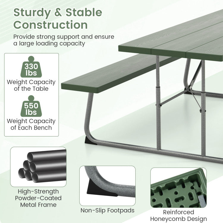 Folding Outdoor Picnic Table Set with All-Weather HDPE Tabletop and Umbrella Hole