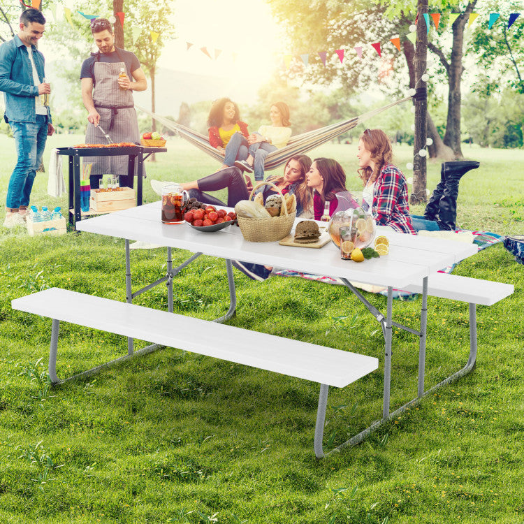 Folding Outdoor Picnic Table Set with All-Weather HDPE Tabletop and Umbrella Hole