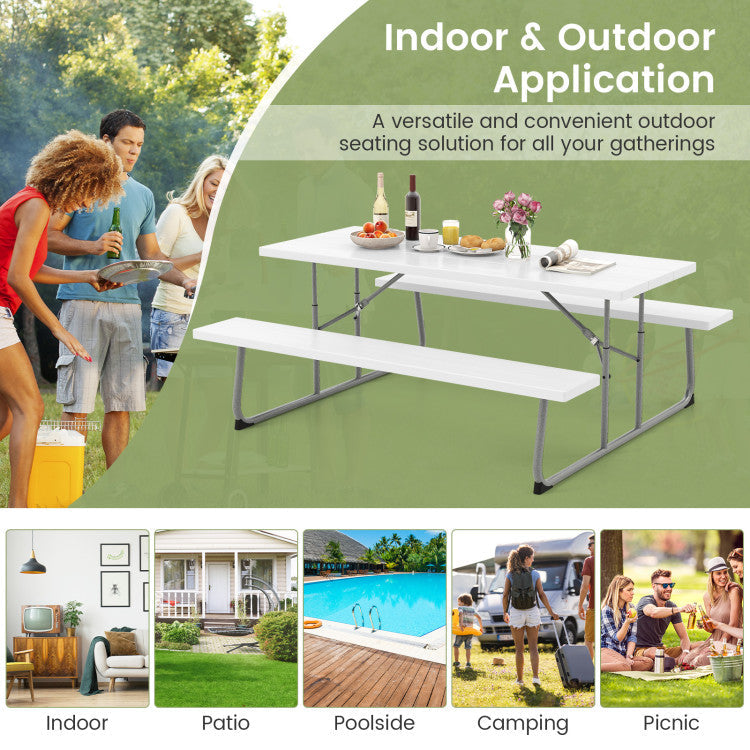 Folding Outdoor Picnic Table Set with All-Weather HDPE Tabletop and Umbrella Hole