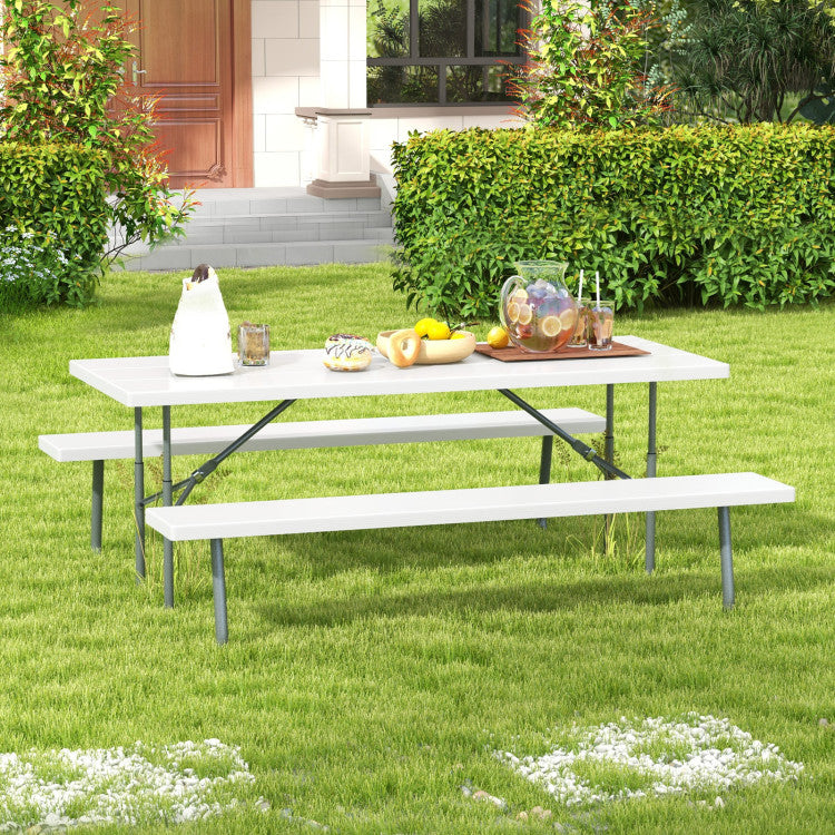 Folding Outdoor Picnic Table Set with All-Weather HDPE Tabletop and Umbrella Hole