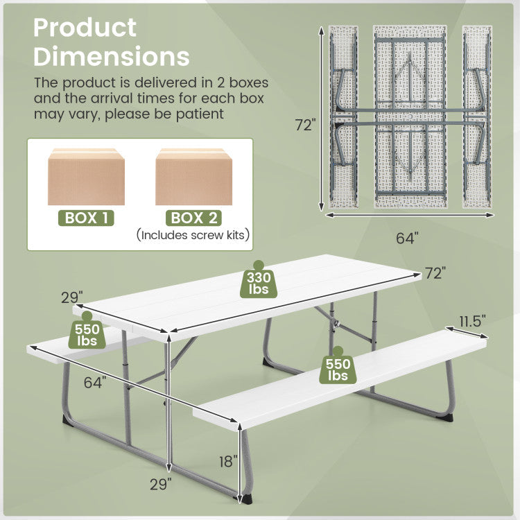 Folding Outdoor Picnic Table Set with All-Weather HDPE Tabletop and Umbrella Hole