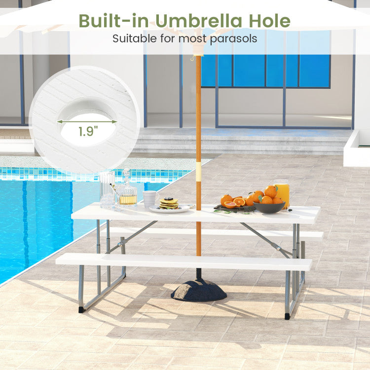 Folding Outdoor Picnic Table Set with All-Weather HDPE Tabletop and Umbrella Hole