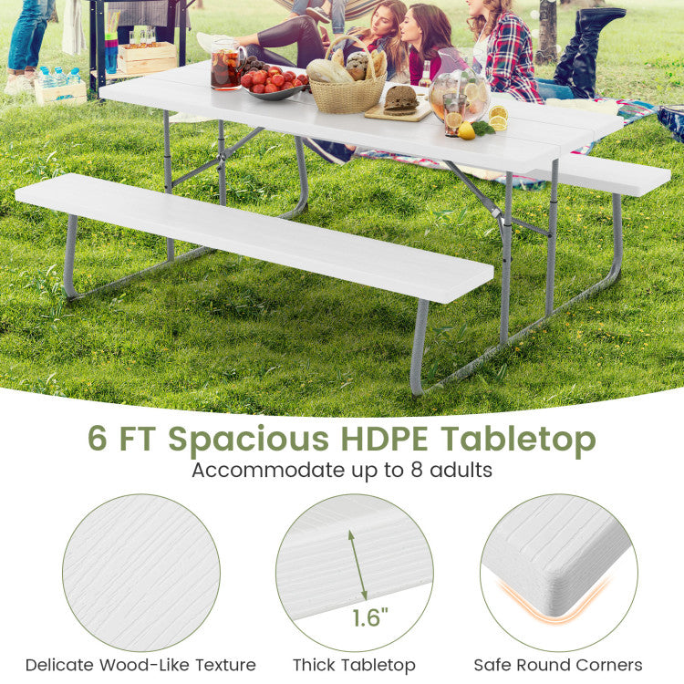 Folding Outdoor Picnic Table Set with All-Weather HDPE Tabletop and Umbrella Hole