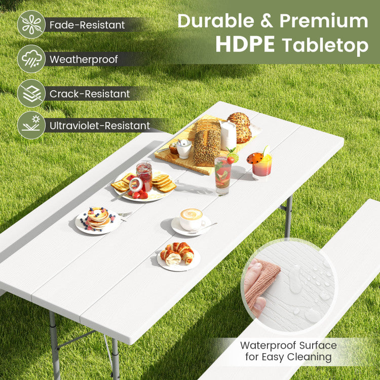 Folding Outdoor Picnic Table Set with All-Weather HDPE Tabletop and Umbrella Hole