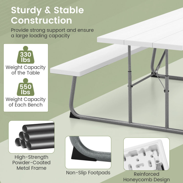 Folding Outdoor Picnic Table Set with All-Weather HDPE Tabletop and Umbrella Hole