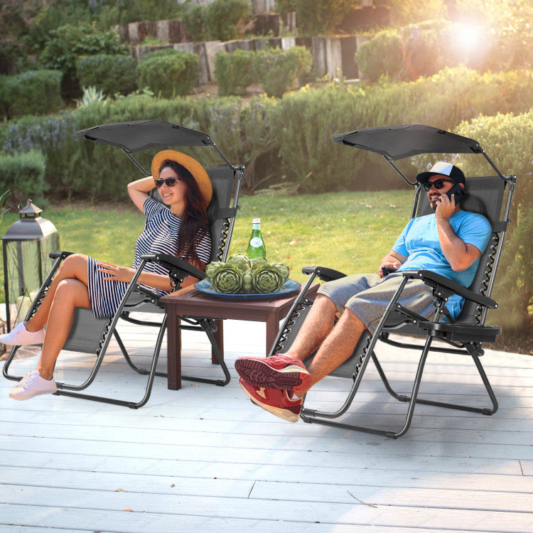 Folding Recliner Lounge Chair with Canopy and Cup Holder for Beach