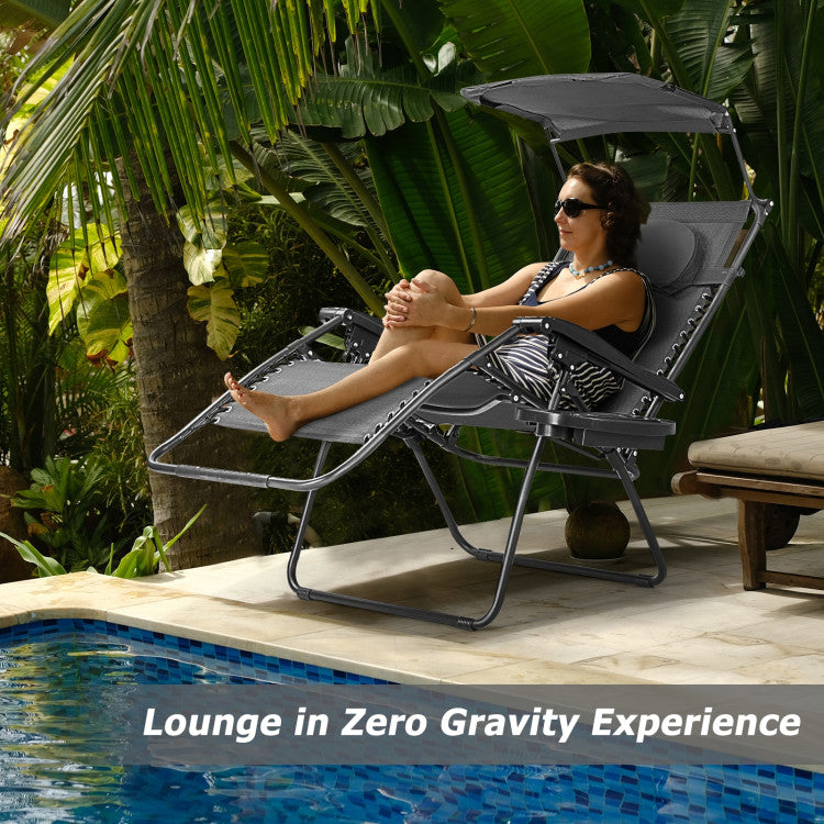 Folding Recliner Lounge Chair with Canopy and Cup Holder for Beach