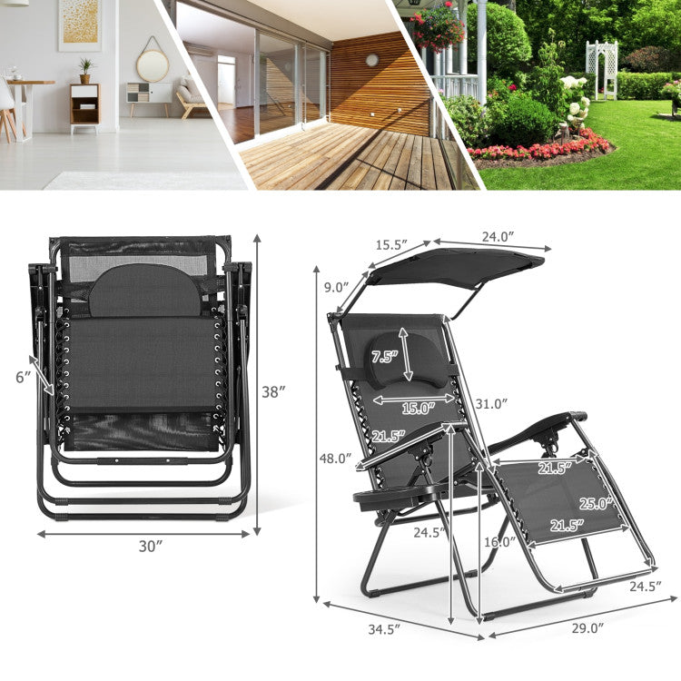 Folding Recliner Lounge Chair with Canopy and Cup Holder for Beach